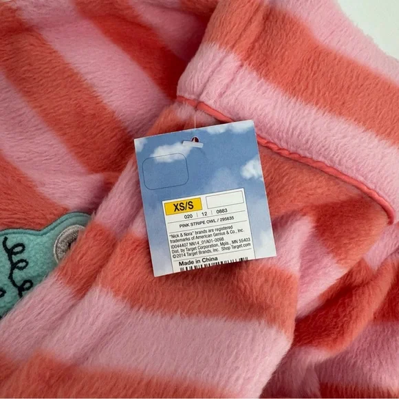 Nick and Nora Size XS/S Pink Coral Striped Soft Fuzzy Belted Robe OWL Embroidery